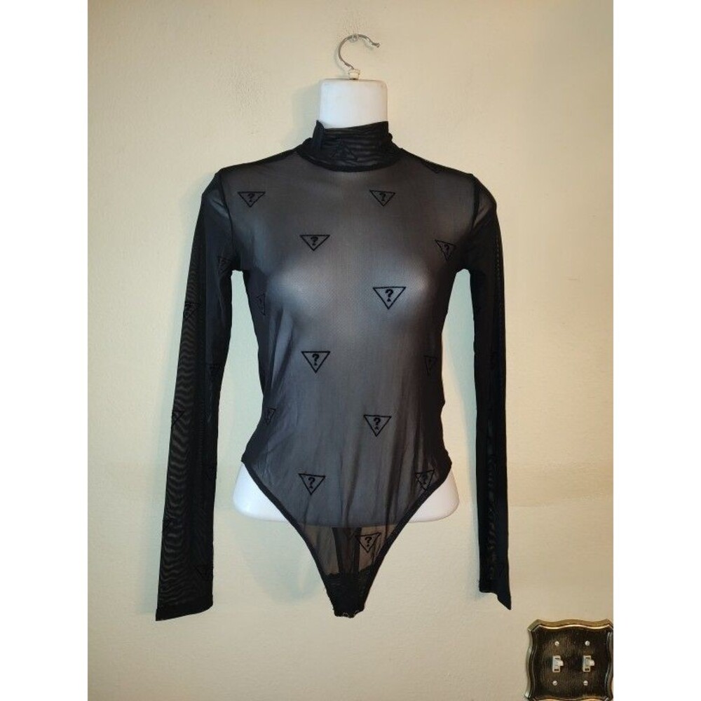 Women's GUESS One Piece Black Sheer Mesh Bodysuit Mock Neck w Triangle Logo Sz S